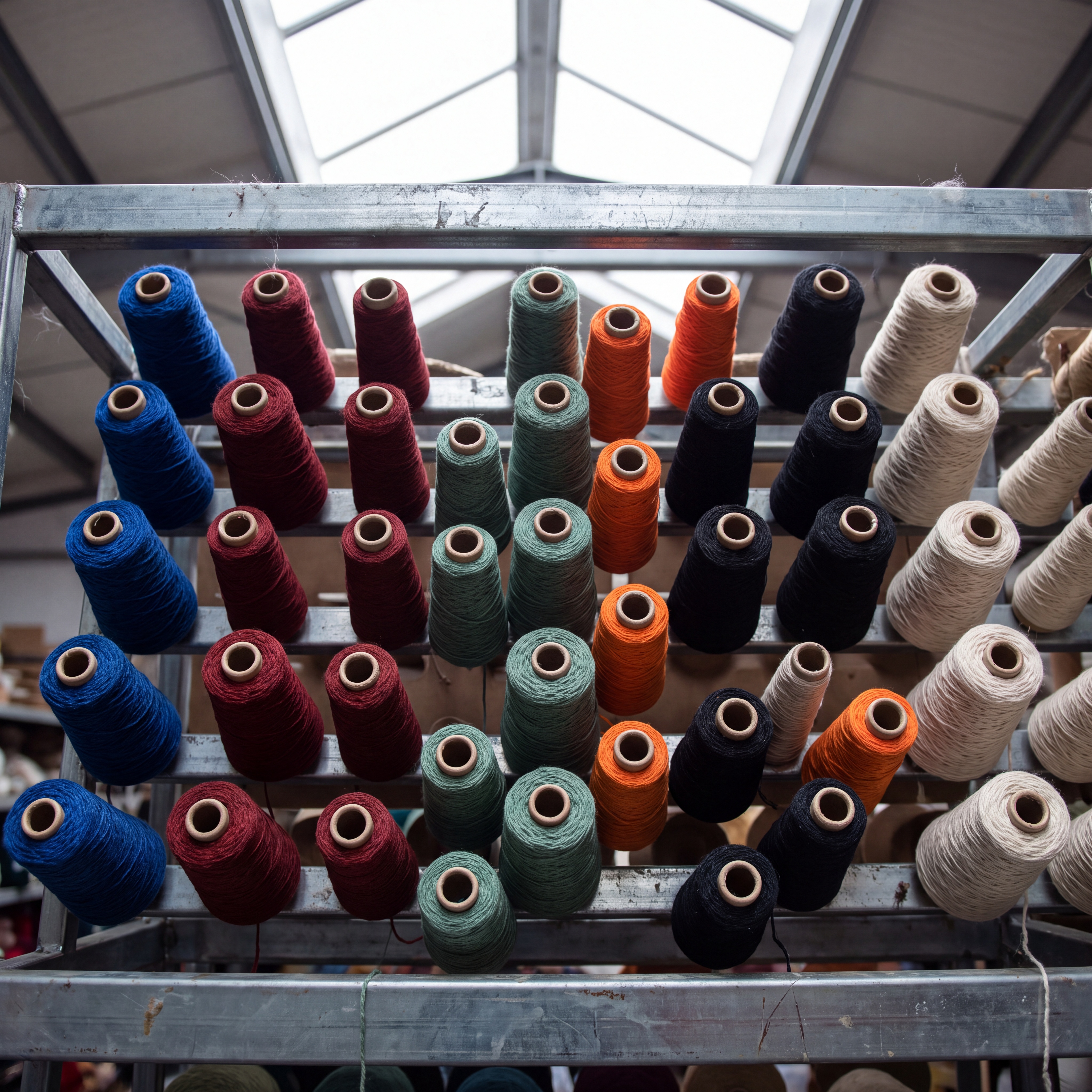 Overhead view of yarn cones on the creel rack