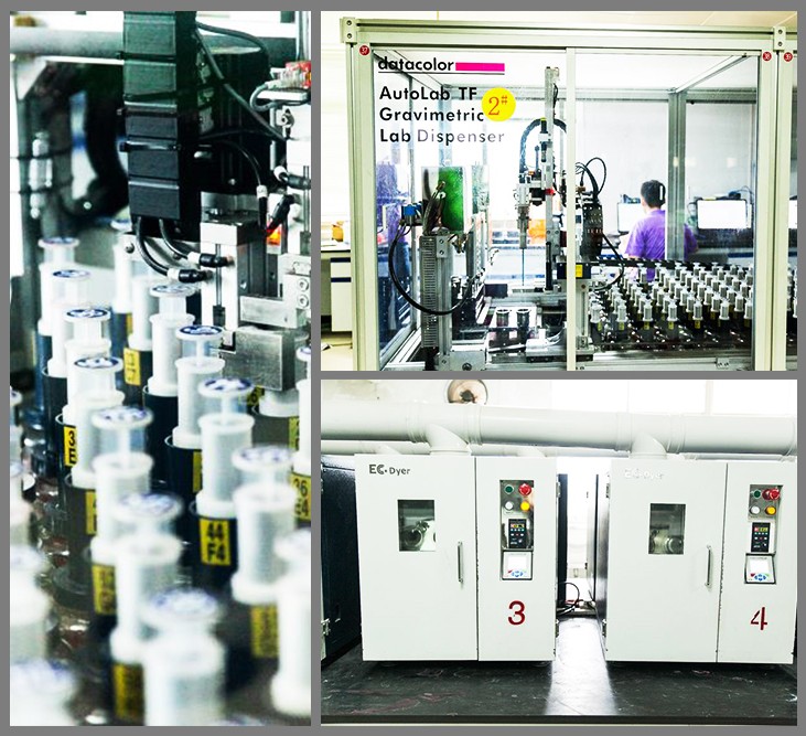 Rows of sample containers beneath the automated lab dispenser