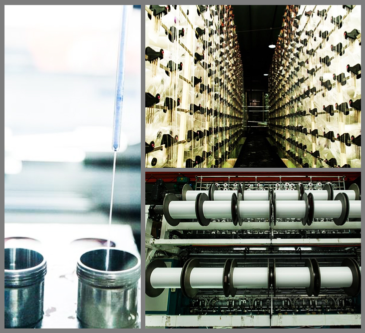 Yarn cones staged on a rack beside machine rollers threaded with fabric on our knitting floor
