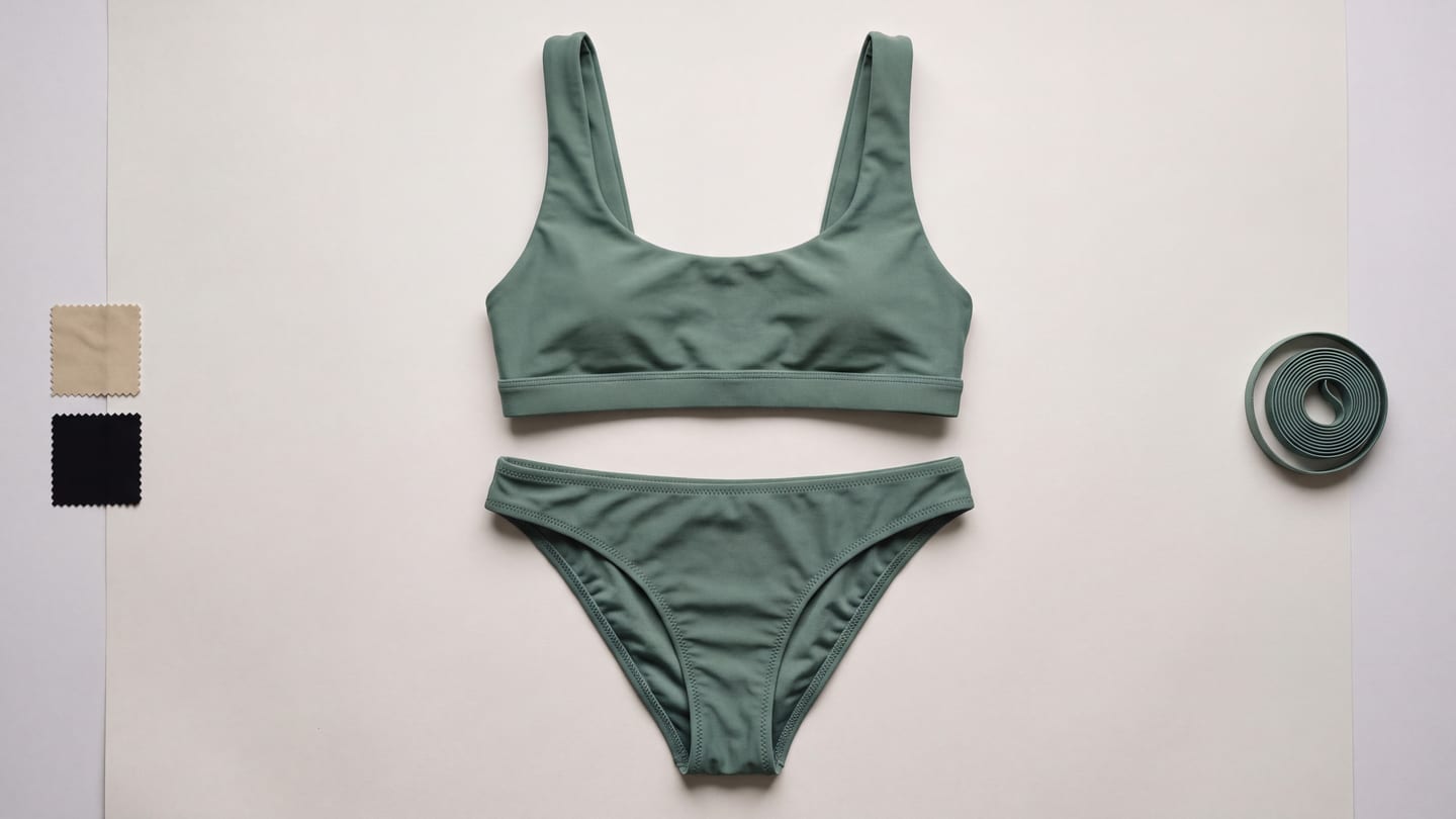 Eucalyptus scoop-neck bikini top and matching mid-rise lined bottom, laid flat, full set
