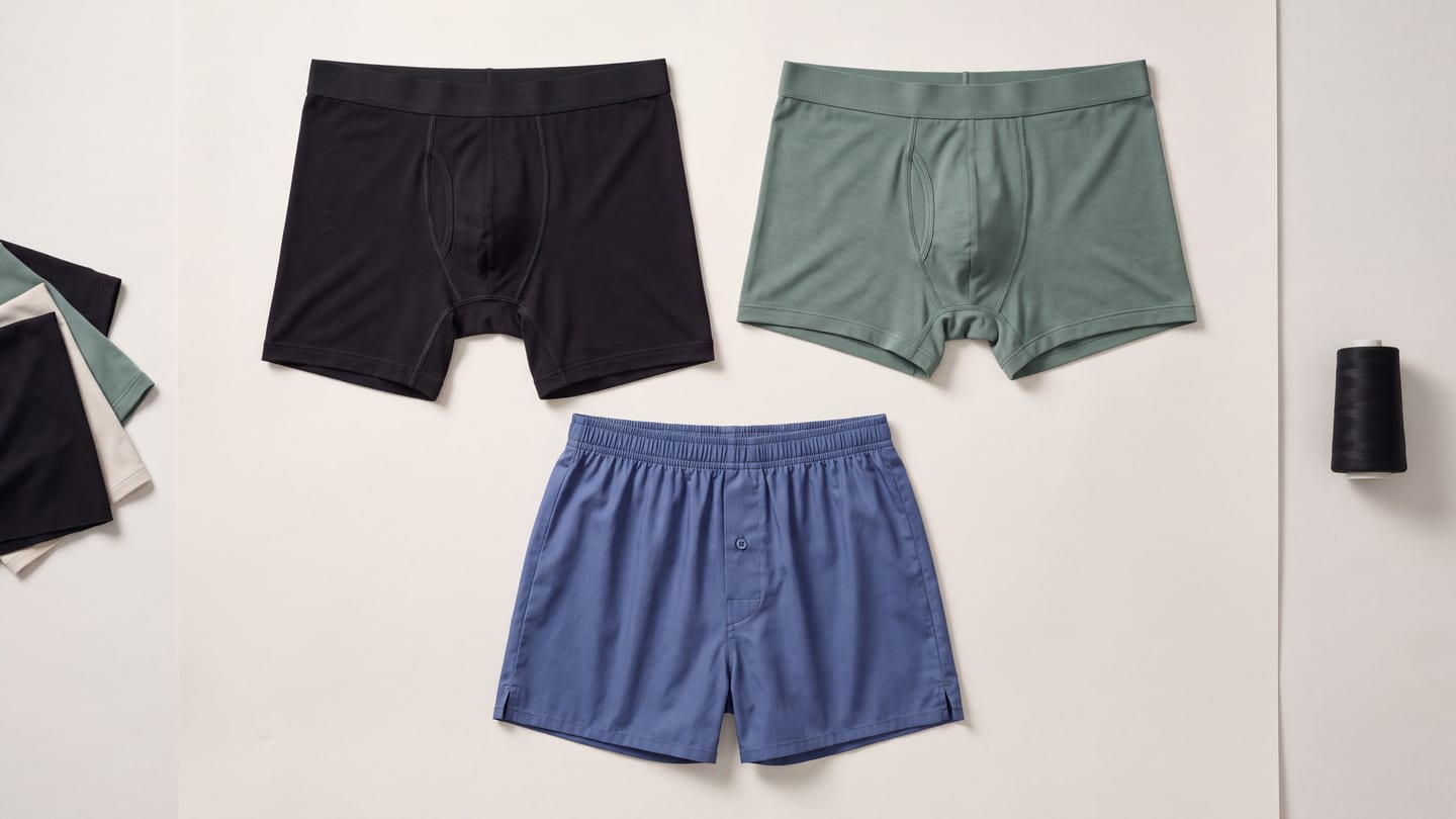 Three men's underwear constructions laid out together: a black boxer brief, a sage boxer brief and a blue woven boxer short