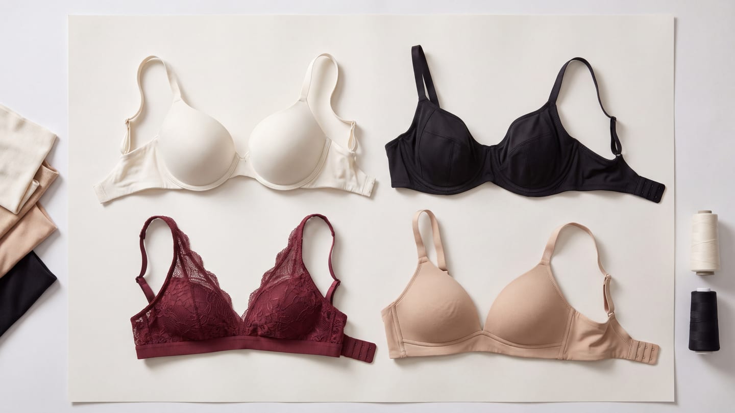 Four bra constructions laid out together: a bone moulded t-shirt bra, a black seamed underwire, a maroon lace bralette and a sand wireless bra