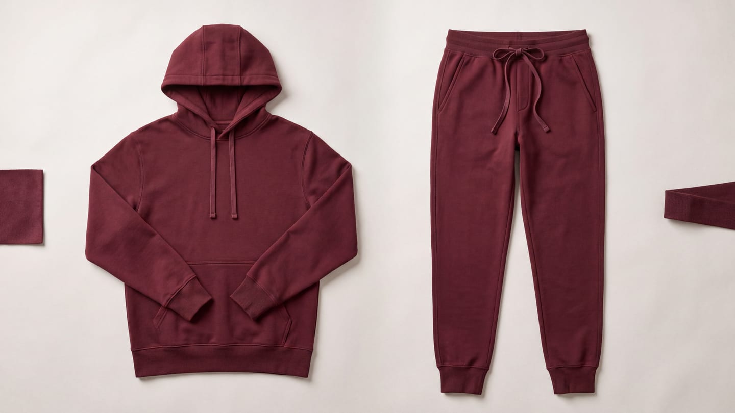 A matching burgundy fleece lounge set laid out together: a hoodie and a jogger, dyed to the same lot