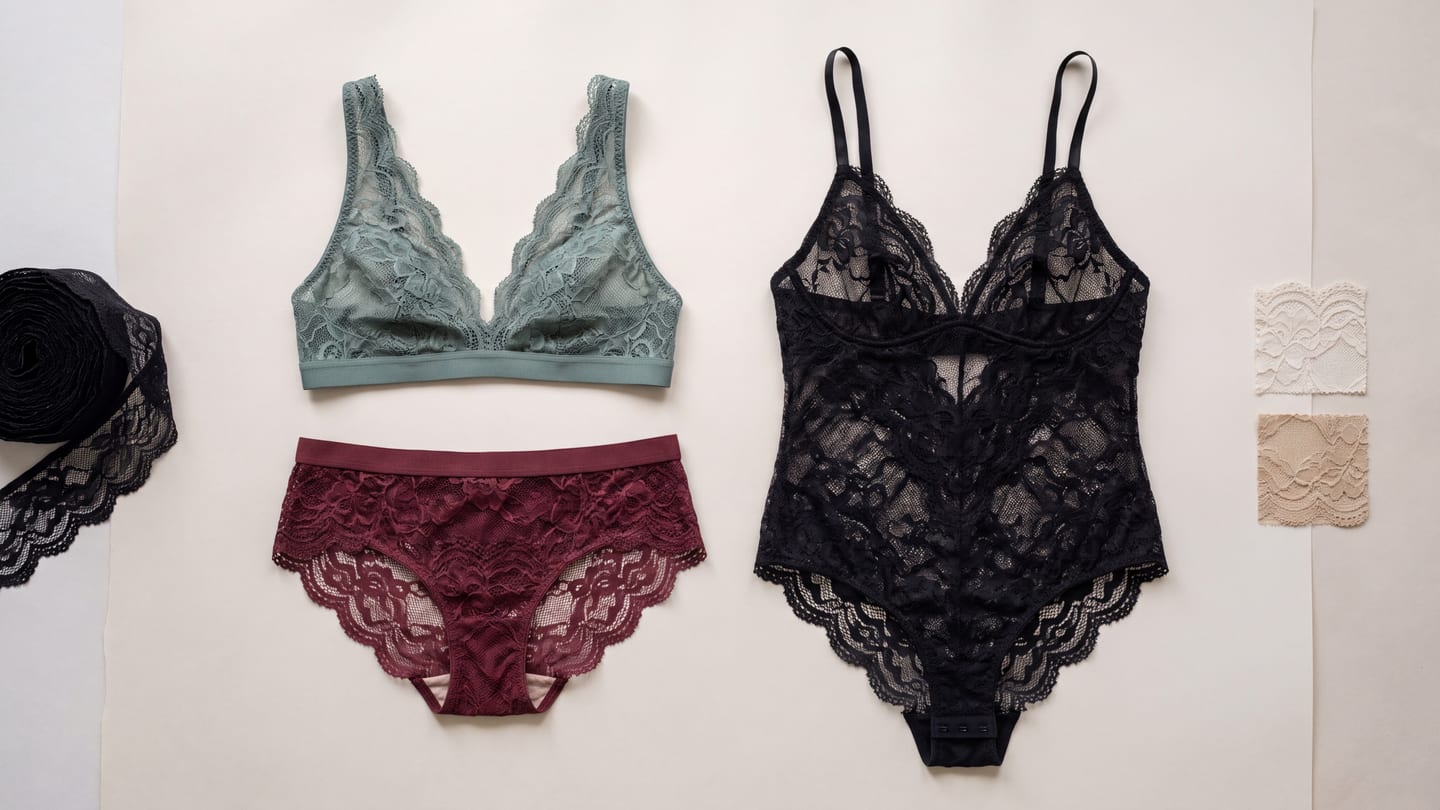 Three lace constructions laid out together: a sage lace bralette, a maroon lace brief and a black lace bodysuit, with lace swatches and trim