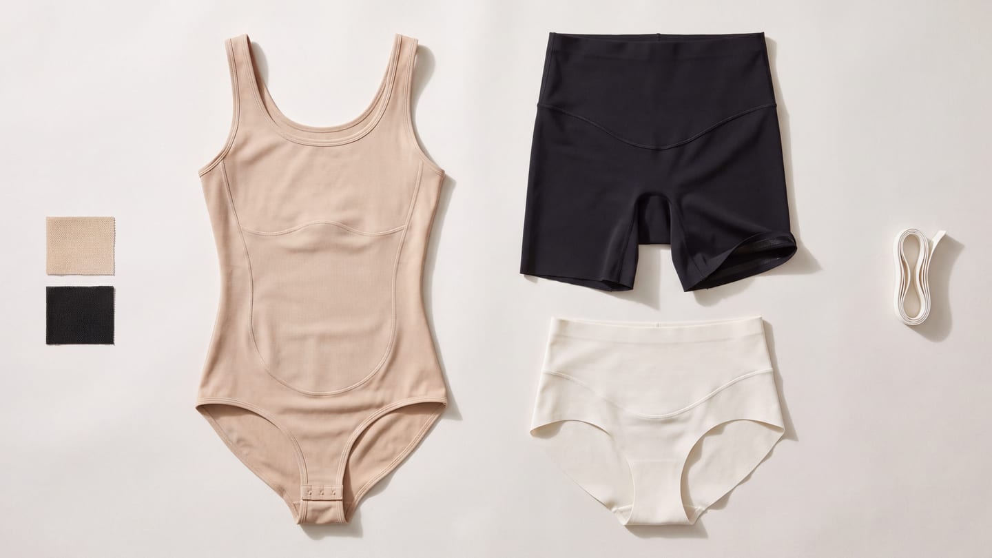 Three shapewear constructions laid out together: a nude shaping bodysuit, a navy shaping short and an ivory shaping brief