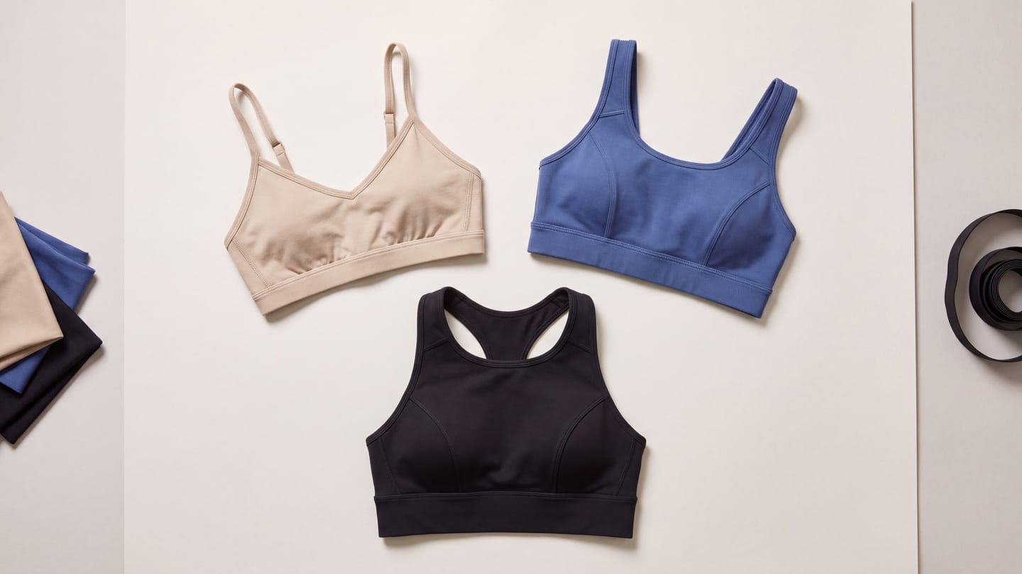 Three sports bra constructions laid out together: a tan low-support bralette, a blue medium-support bra and a navy racerback high-support bra
