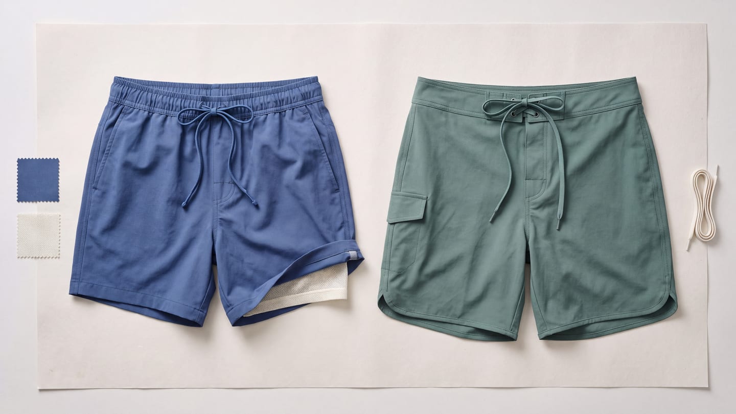 Two men's swim constructions laid out together: a blue swim short with a mesh liner and a sage board short with a cargo pocket