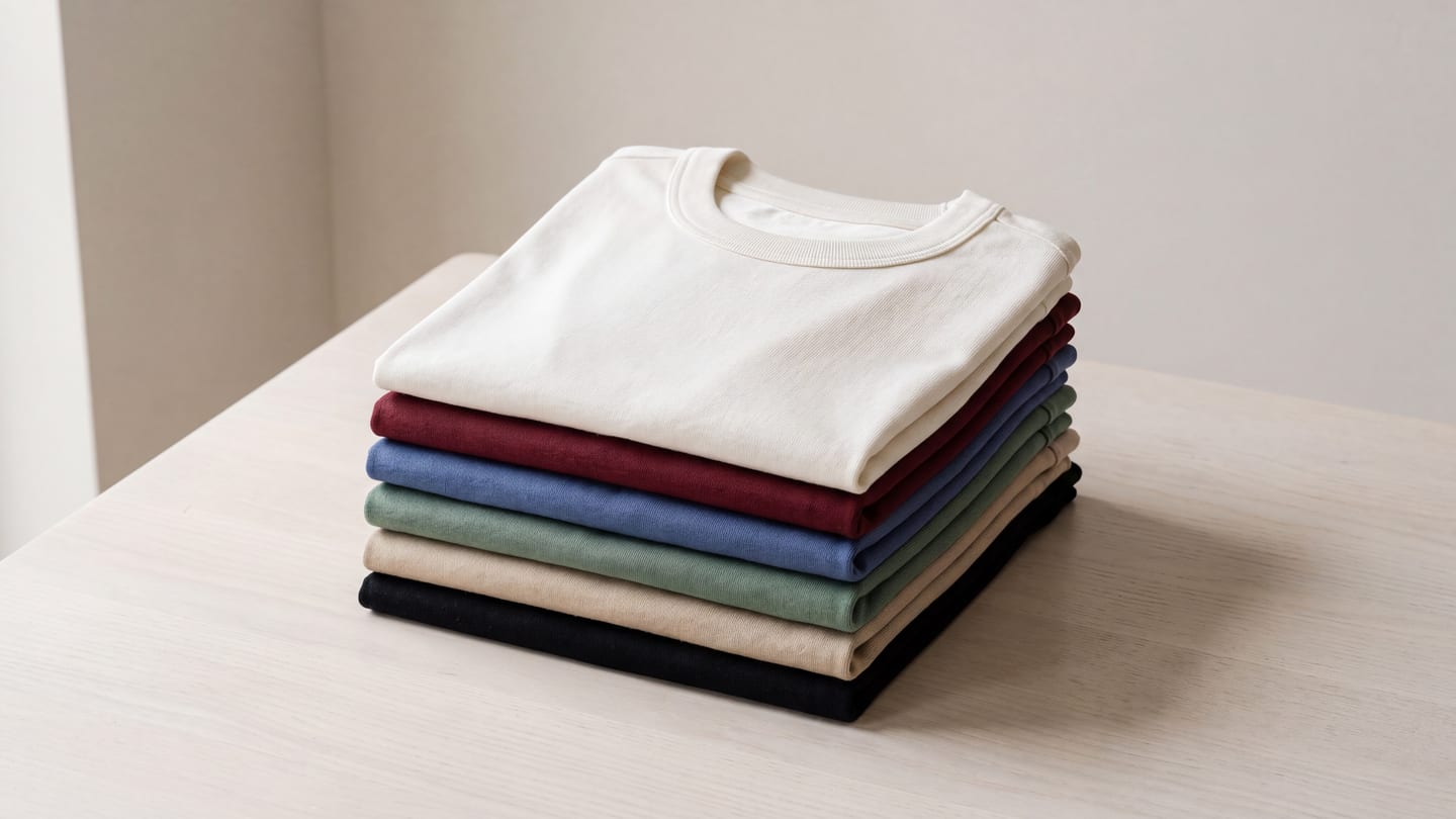 Six folded tees in black, sand, eucalyptus, cobalt, maroon and bone, the top tee showing its rib collar and coverstitch