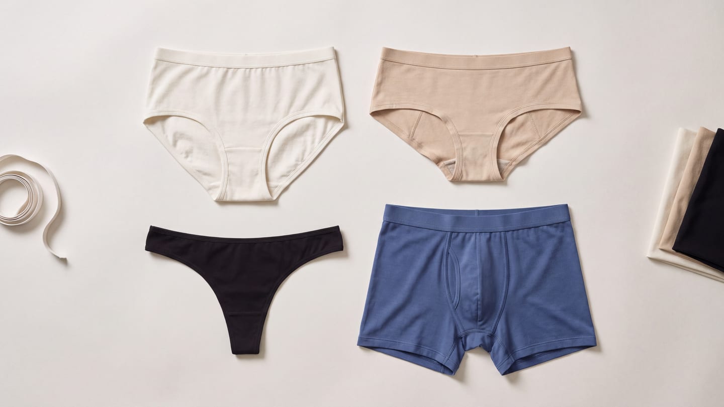 A range of underwear cuts together: a bone full brief, a sand hipster, a black thong and a cobalt boxer brief