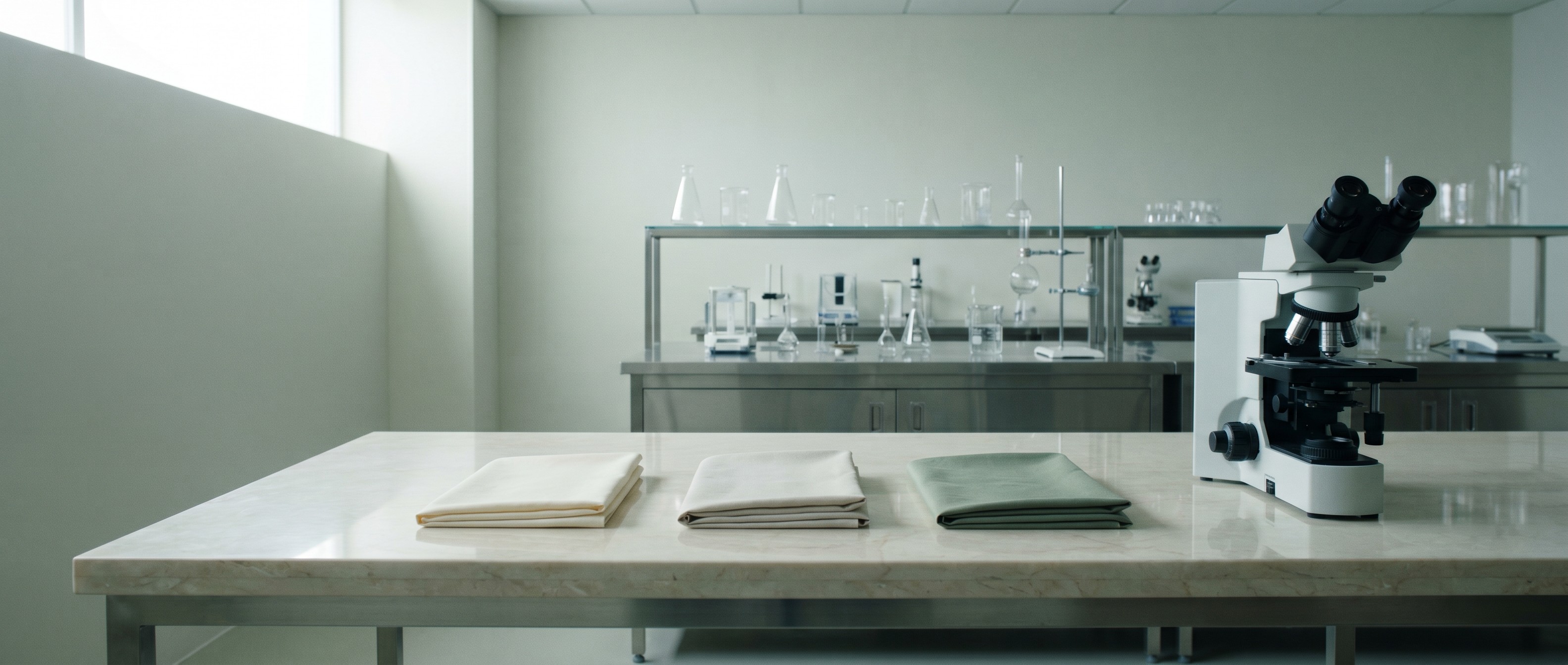 Folded fabric swatches staged on a lab bench